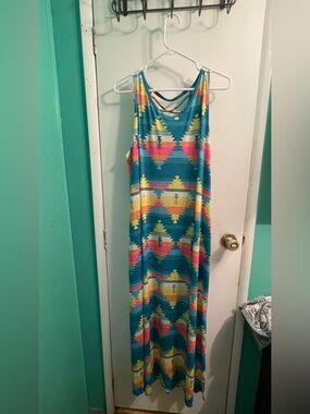 Sew in Love Sleeveless Teal Aztec Maxi Dress with Multicolor Print 2x